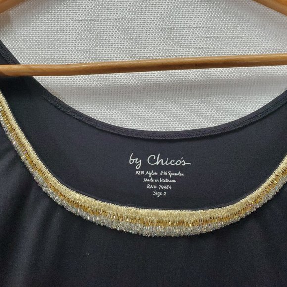 Chicos Black Nylon Bedazzled Neckline Tank Top, sz 2 (12/Medium) Sleeveless - Picture 3 of 9
